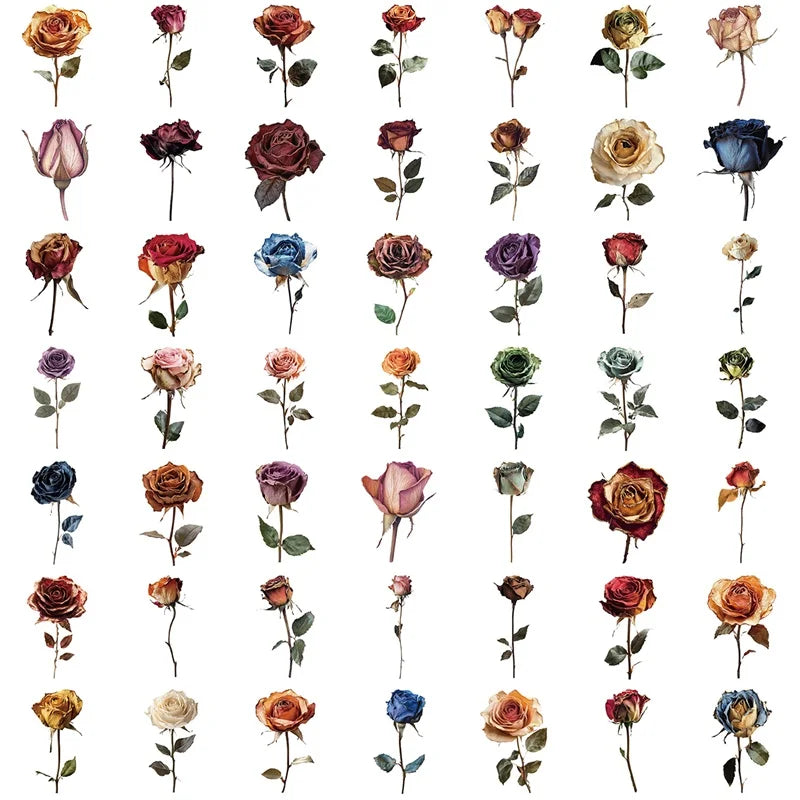 50PCS Vintage Wizened Rose PET Sticky Sticker Aesthetic Tear Open DIY Colored Decoration Scrapbooking School Supplies for Kids