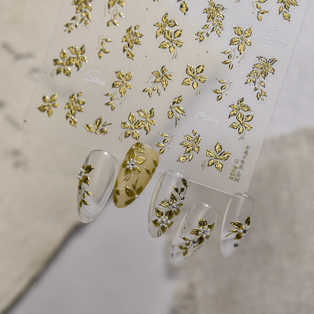 Luxury Metal Hand Painting Nail  Stickers Gold Silver Flowers Nail 3D Decorations Sticker DIY Adhesive Manicure Accessory Decals