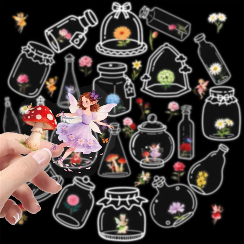 56PCS Kawaii Flower Bottle PET Sticky Sticker Aesthetic Tear Open DIY Decoration Scrapbooking School Stationery Supplies