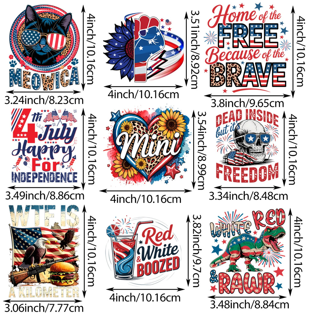 9 sheets flag series DIY Independence Day themed iron-on decals, July 4th themed heat transfer DIY for clothing, T-shirts, jeans