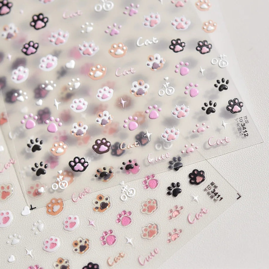 Nail Stickers Cat Cute Jelly Pink Cat Paw Cartoon 5D Embossed Relief Self Adhesive Nail Art Sticker 3D Manicure Decals DIY Parts