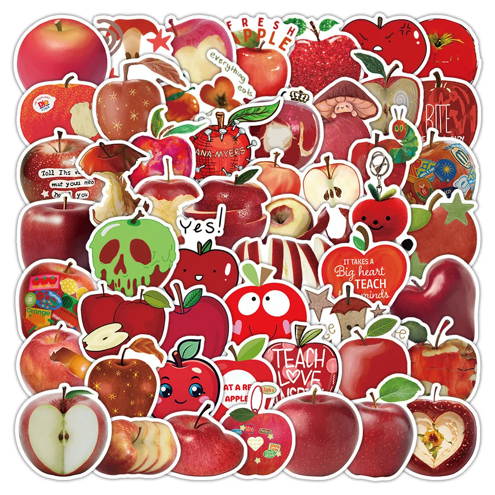 50-Pack Cartoon Apple Stickers for Office Supplies Notebook Luggage Helmet Fridge Decorative Decals