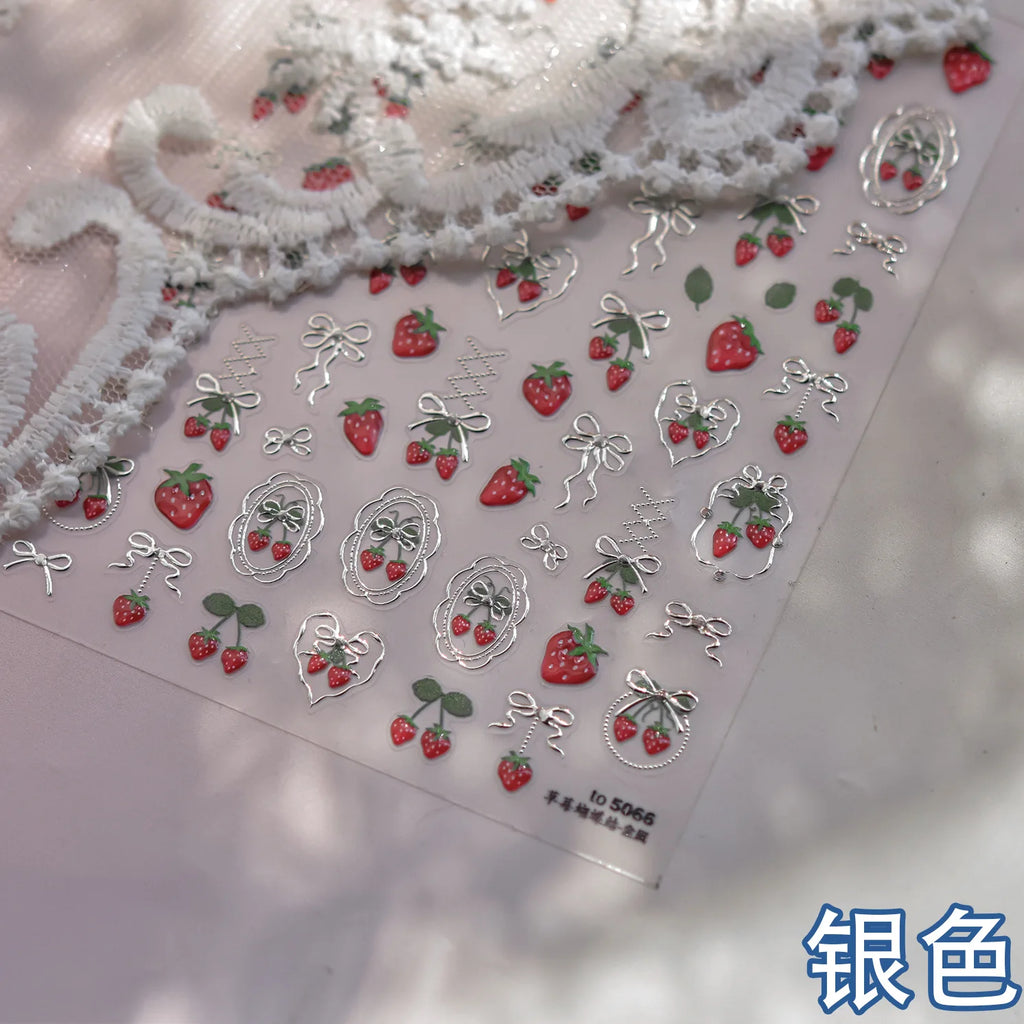 Sweet Strawberry Bow Nail Art Stickers 5D Gold Silver Strawberry Cherry Metal Nail Stickers DIY Japanese Nails Decoration Decals