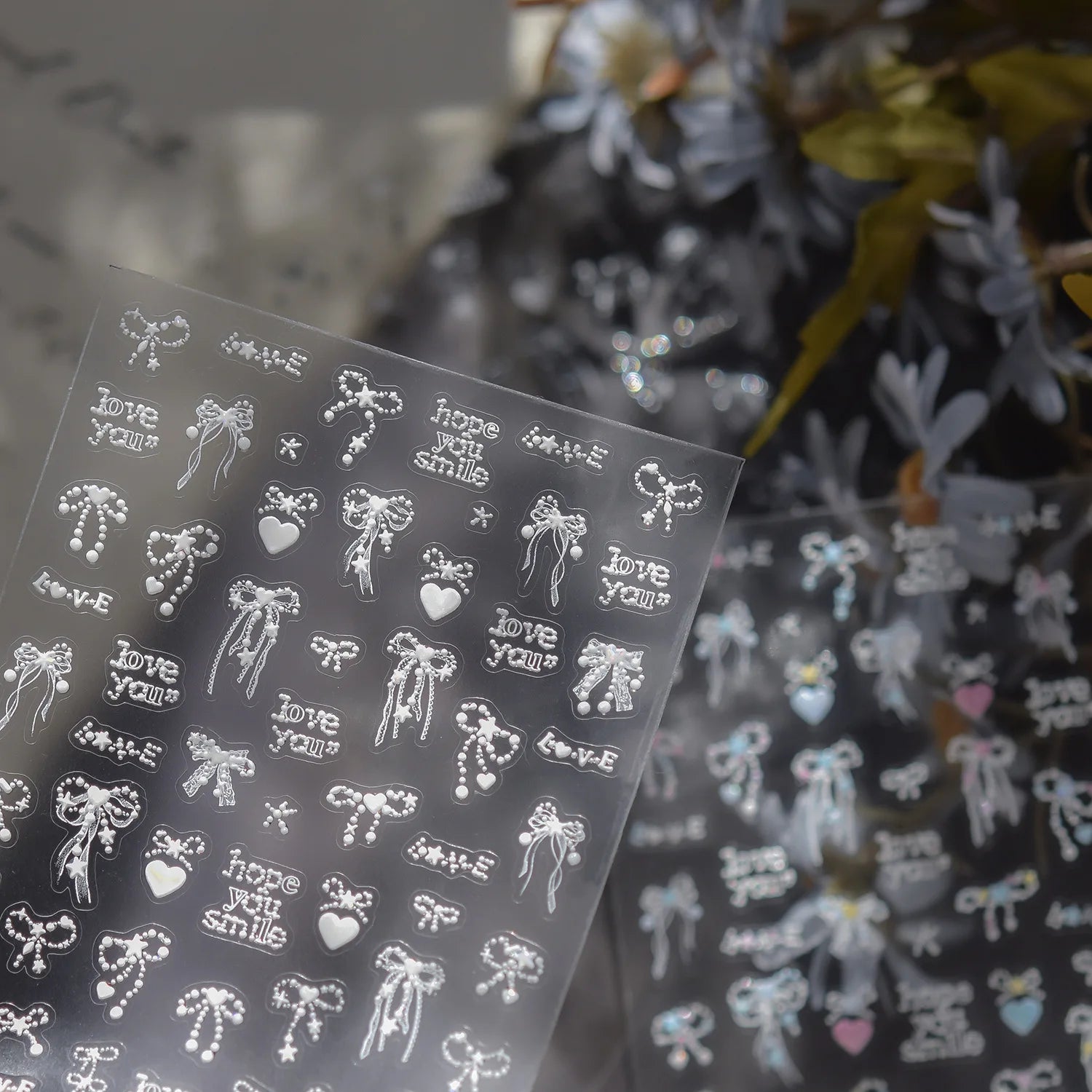 Metal Sticker Nail 3D Kawai Dreamy Star-dotted Butterfly Nail Charms Stickers 5D Ribbon With Love Embossed Nail Art Stickers DIY