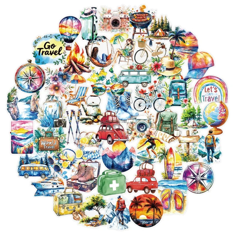 56PCS Beach Trip Transparent PET Phone Sticker Aesthetic Tear Open Decoration DIY Colored Laptop Luggage Graffiti Decals