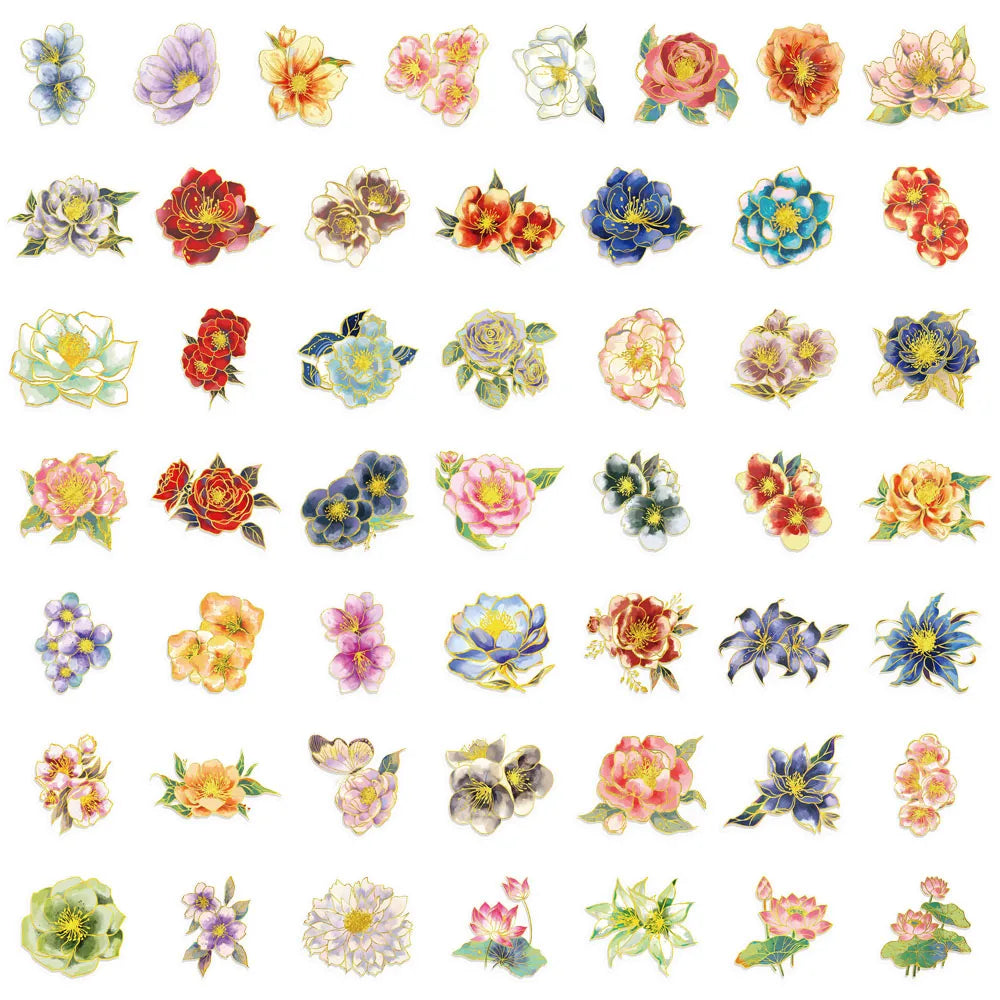 50PCS Elegant Floral Decorative Stickers, Computer Scrapbook, Phone Case, Toy Decoration, Hot Stamping Stickers