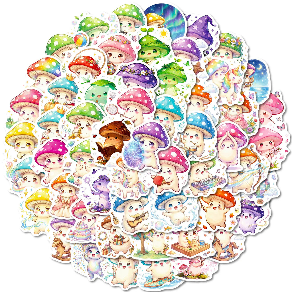 56-Pack Cute Mushroom Children's Stickers Waterproof Decals for Notebook Luggage Fridge Helmet Guitar Student Supplies Decor