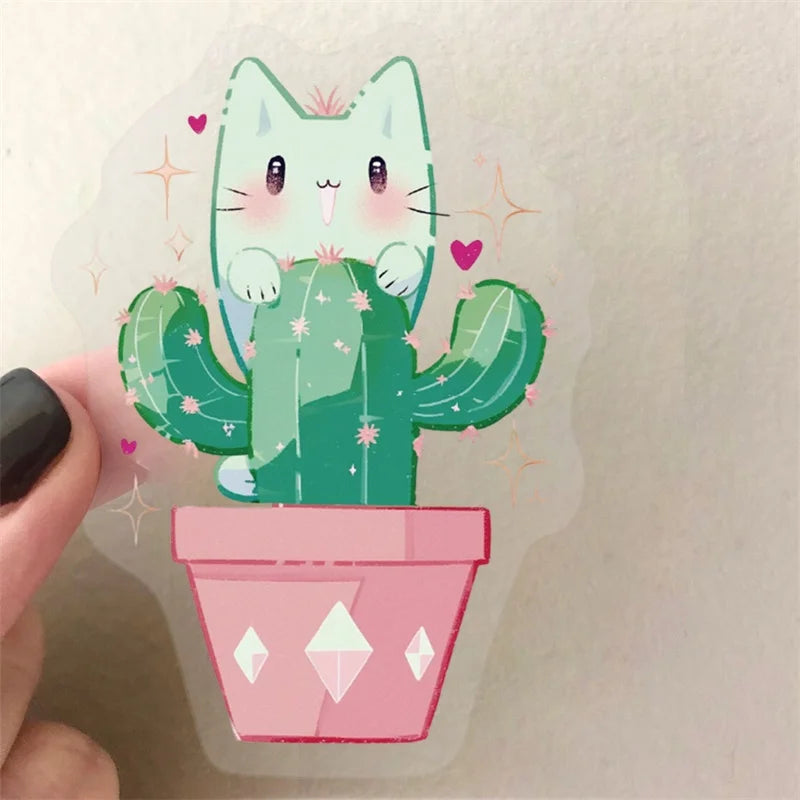 50PCS Kawaii Cactus Cat PET Phone Sticker Aesthetic Tear Open Decoration DIY Colored Laptop Luggage Graffiti Decals