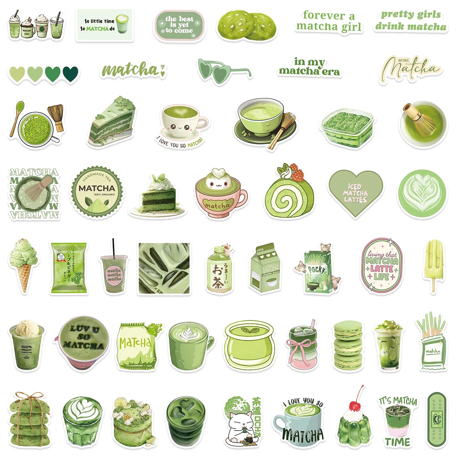 50/100Pcs Green Coffee Cake Fresh Style Stickers DIY for Notebook Skate Phone Helmet Album Fridge Removable Fade Resistant Decal