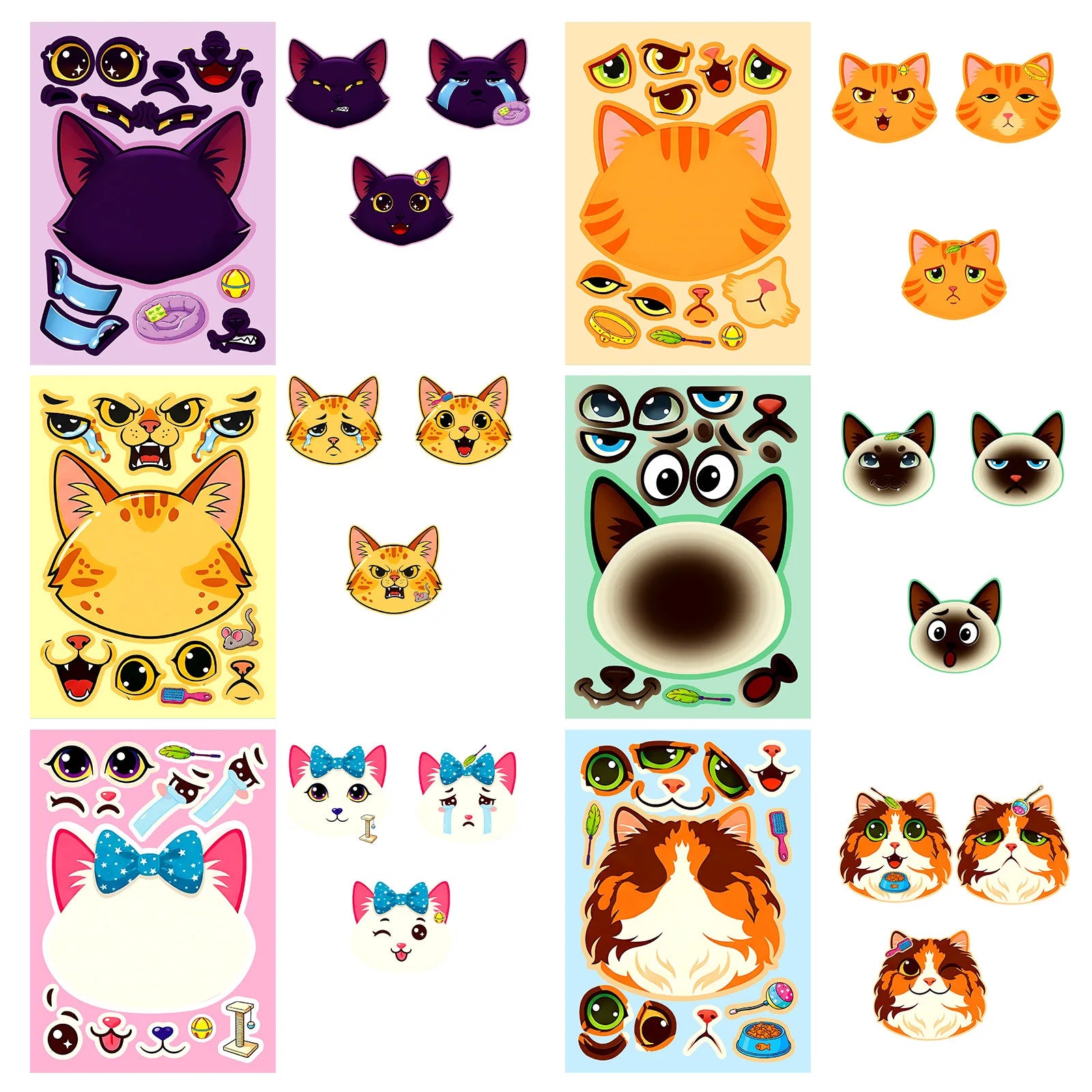 6/12 Pcs Large Cartoon Cat Face Puzzle DIY Game Stickers for Scrapbook Desk Toy Shelf Furniture Fun Decals