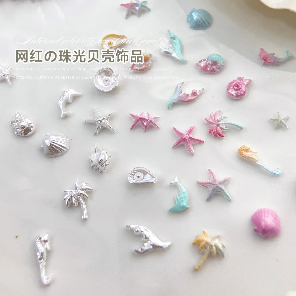30pcs Ocean Shell Pearl Nail Charms Accessories Pearlescent Shell Aurora Nail Art Rhinestones DIY 3D Cute Nail Decorations Parts