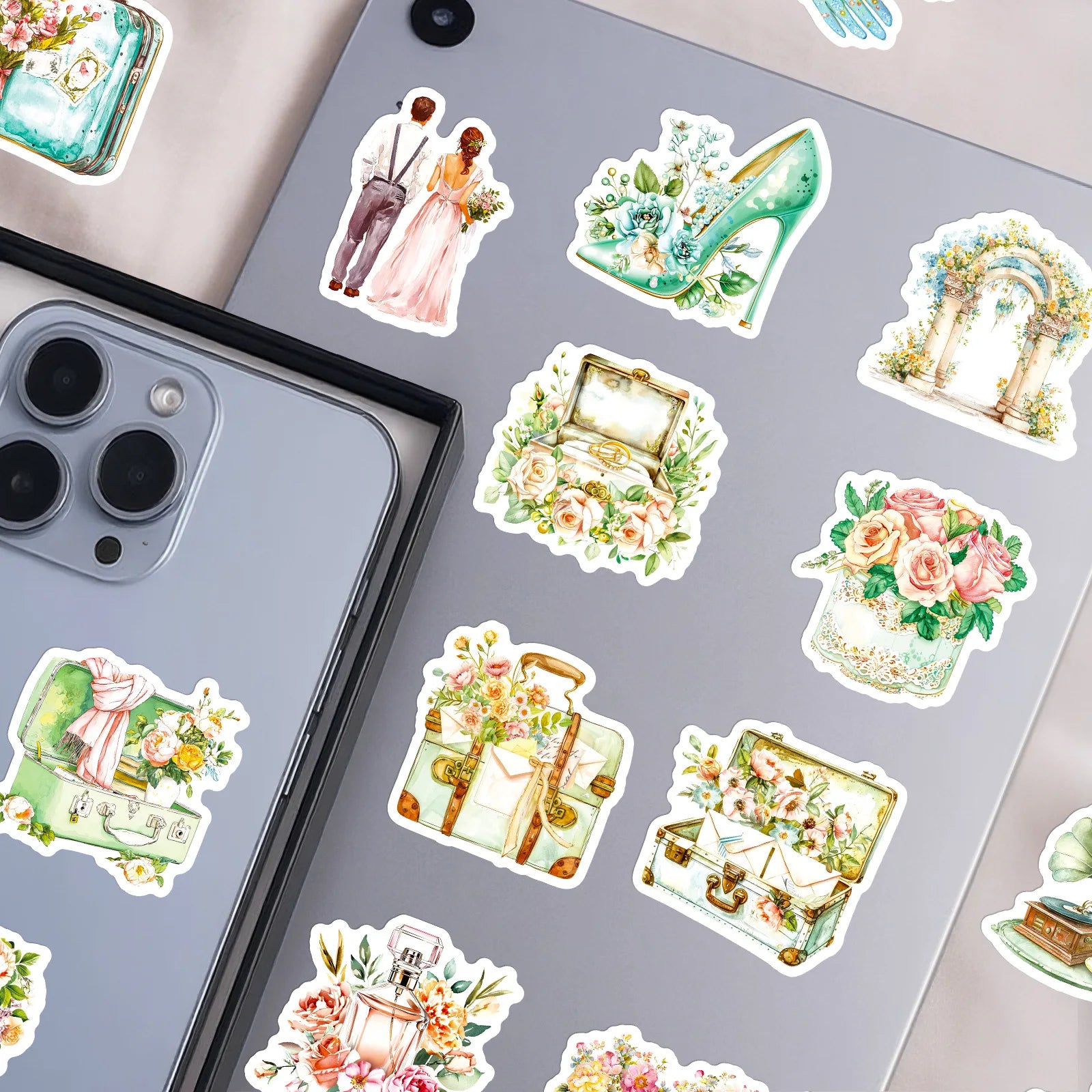 56PCS Vintage Wedding Flower Stickers Gift Box Party Decoration Stationery Notebook Suitcase Fridge DIY Aesthetic Decal Sticker