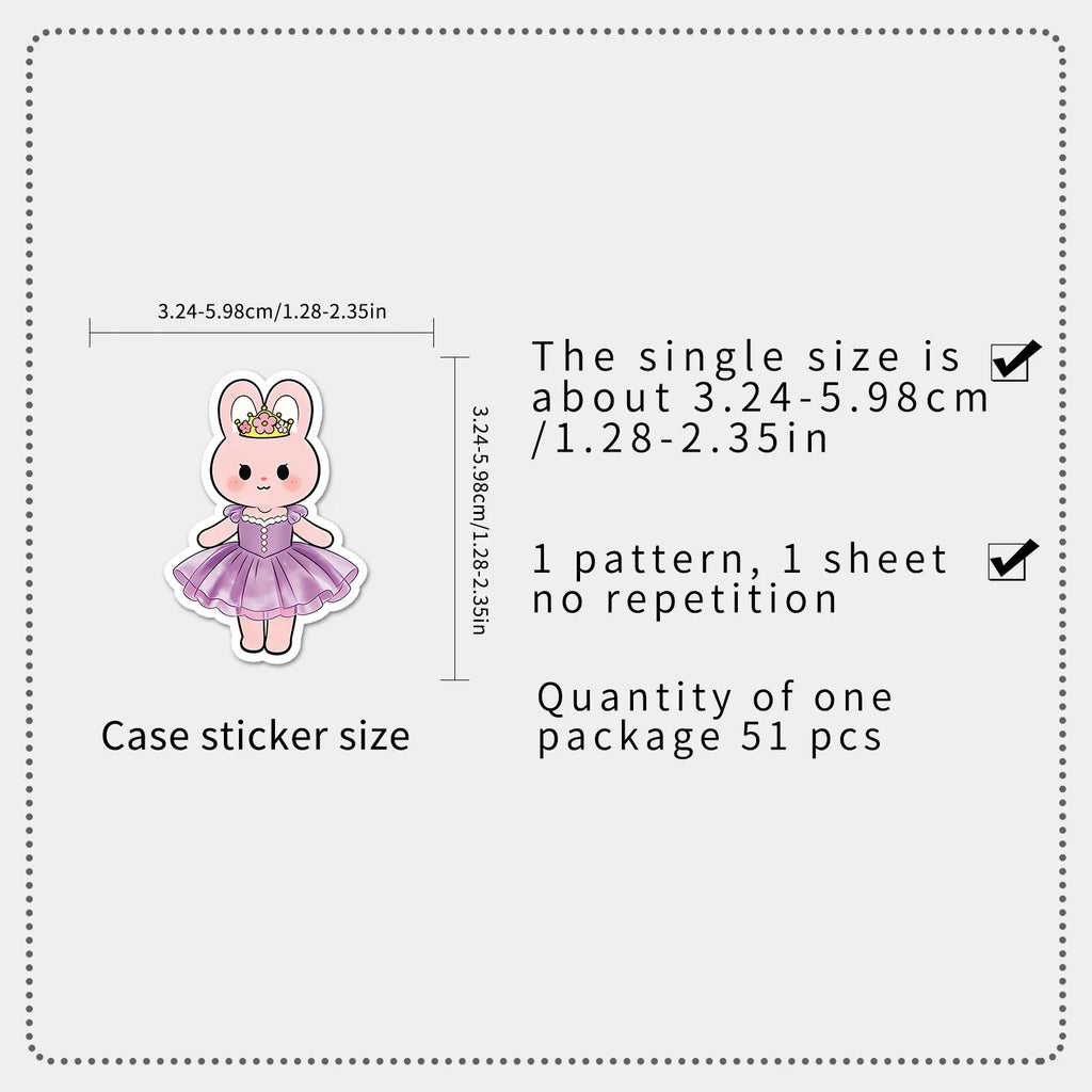 51-Piece Cute Cartoon Pink Bunny Daily Doodle Stickers Waterproof Stickers for Cups Phones Guitars Helmets Stationery Notebooks