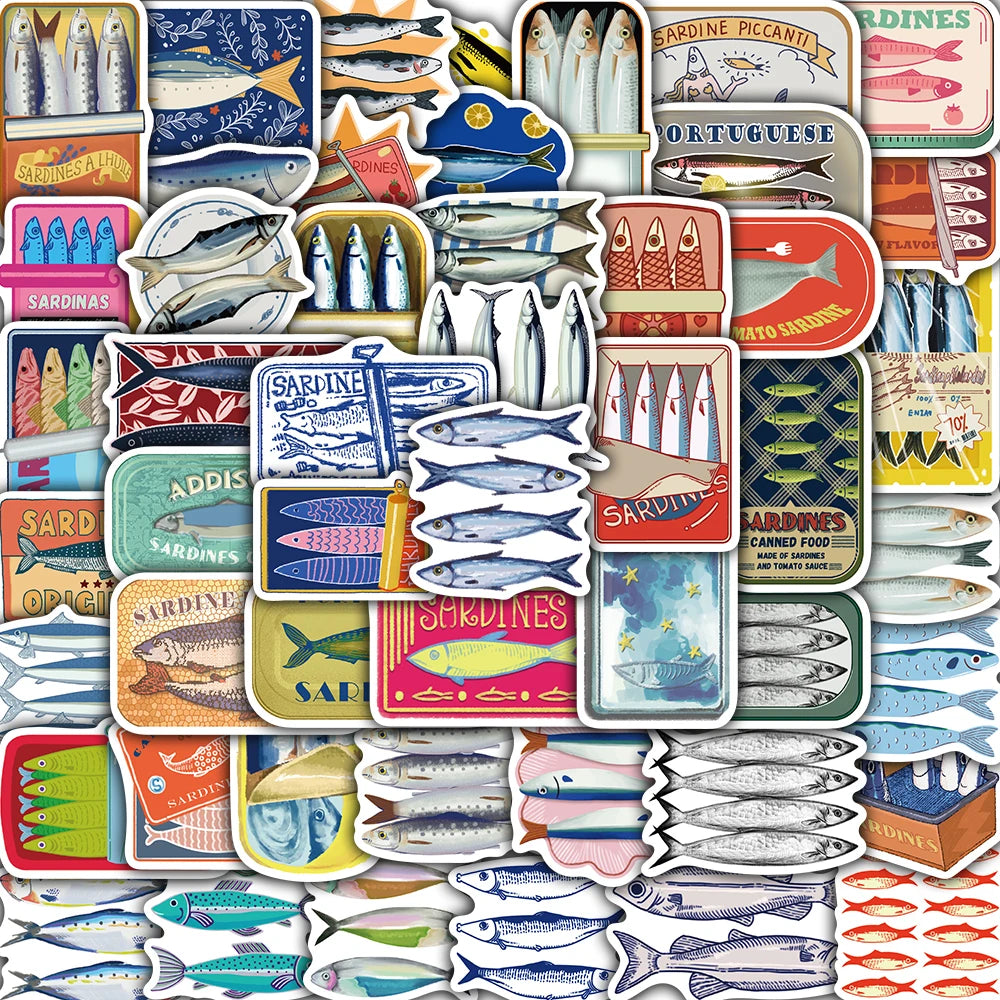 50/100PCS Cute Sardine Sticker Creative Bicycle Luggage Guitar Motorcycle Cartoon Phone Stationery Cafe Bicycle Art Stickers