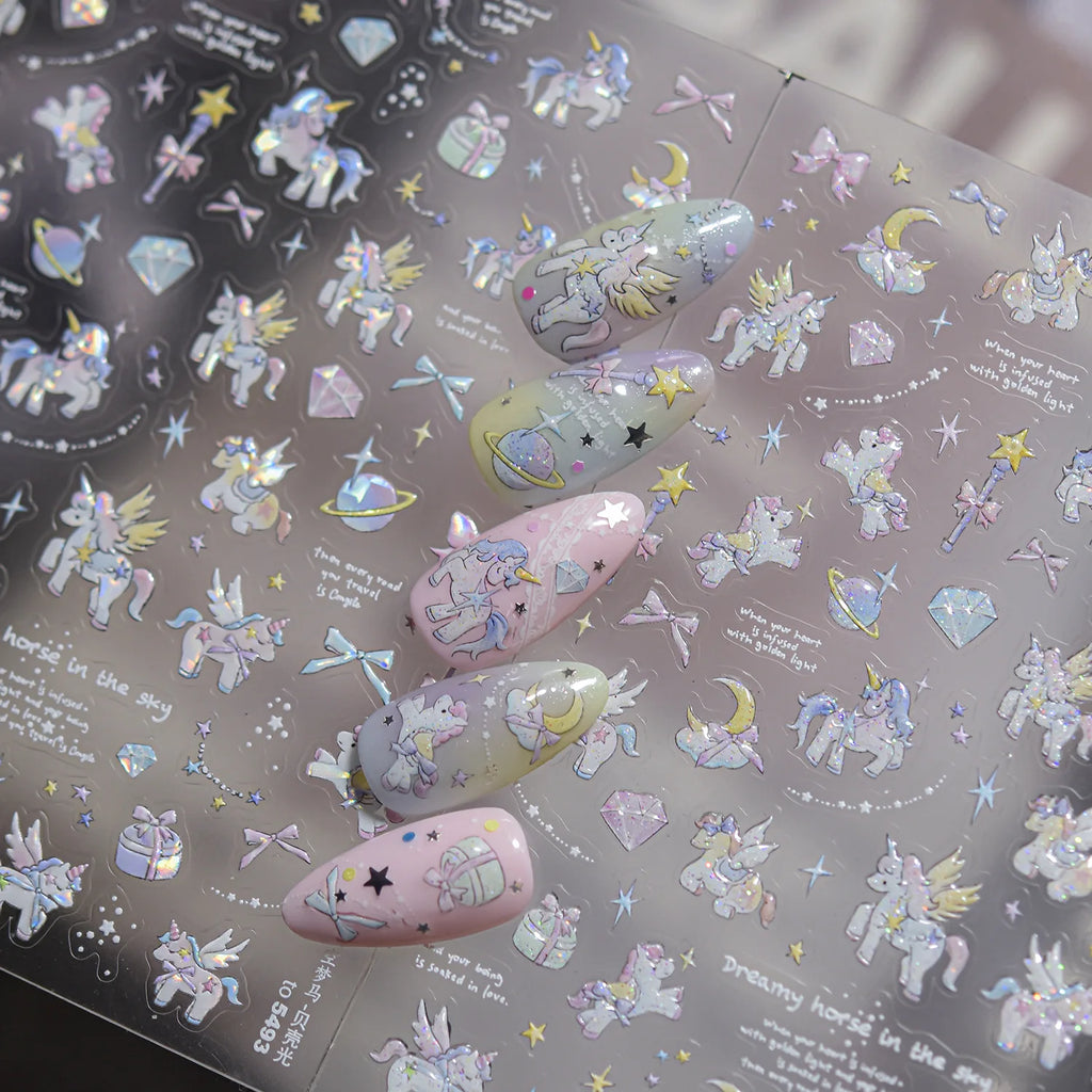 Glitter Starry Sky Dream Horse Nail 3D Decorations Stickers 5D Shell Light Dreamy Nail Art Stickers Self Adhesive Manicure Decal