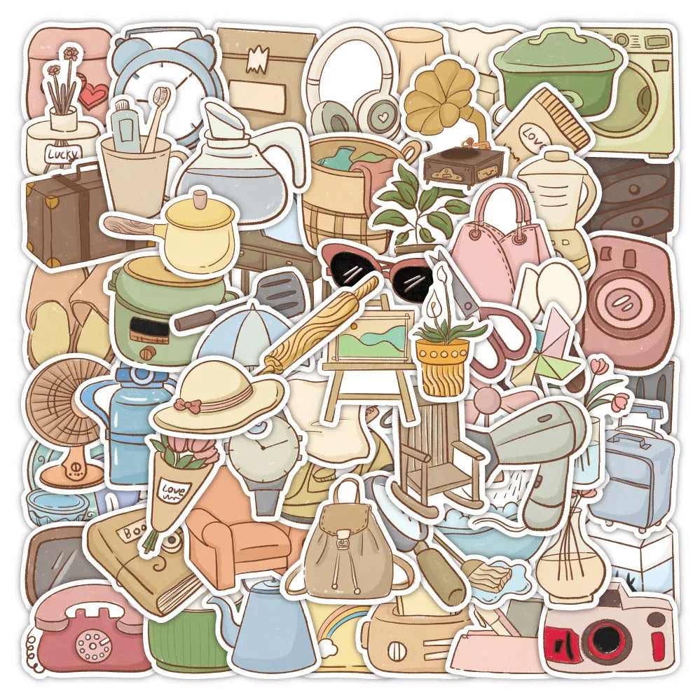 60-Pack Artistic Cartoon Hand-Drawn Furniture Stickers for Water Bottles Guitars Helmets Notebooks Luggage Stationery DIY