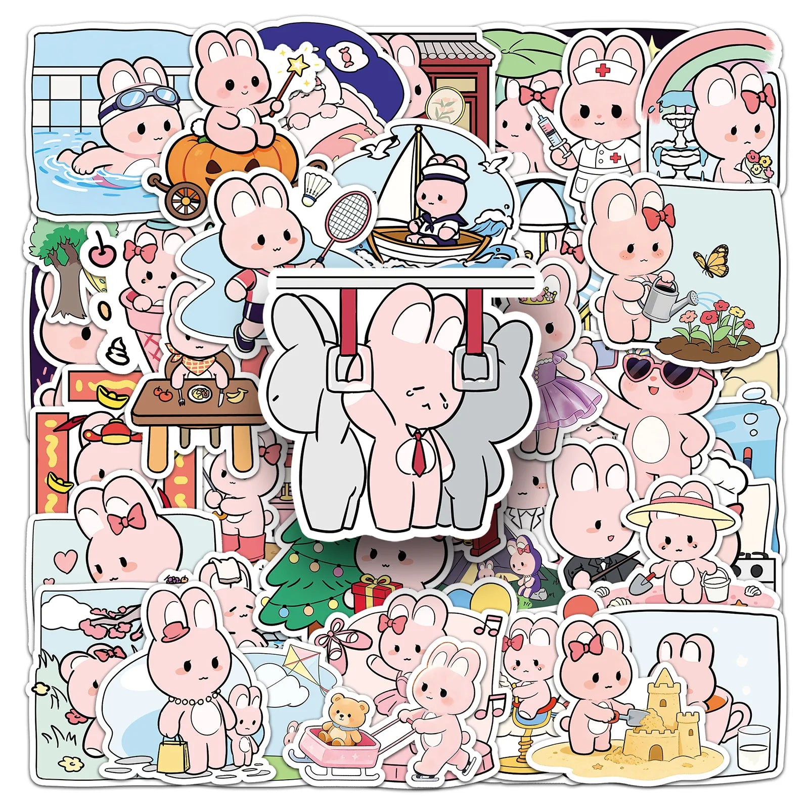 51-Piece Cute Cartoon Pink Bunny Daily Doodle Stickers Waterproof Stickers for Cups Phones Guitars Helmets Stationery Notebooks