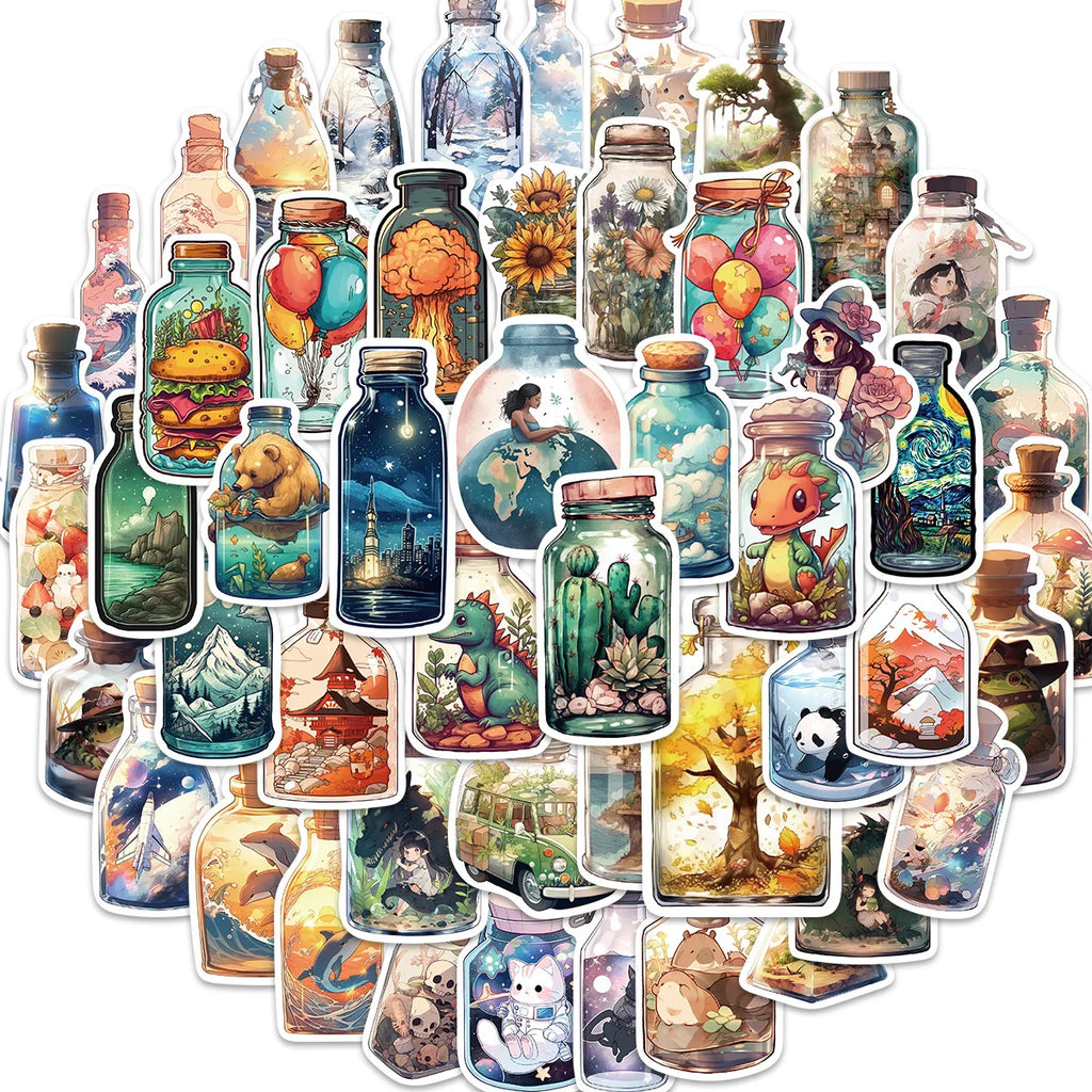 50 Pcs Cartoon Mystery Bottles, Biological Graffiti Stickers Guitar Notebook Luggage DIY Water Bottle Decor Waterproof Stickers