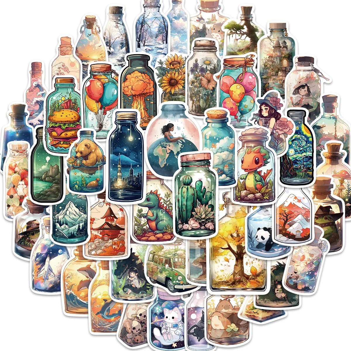 50 Pcs Cartoon Mystery Bottles, Biological Graffiti Stickers Guitar Notebook Luggage DIY Water Bottle Decor Waterproof Stickers