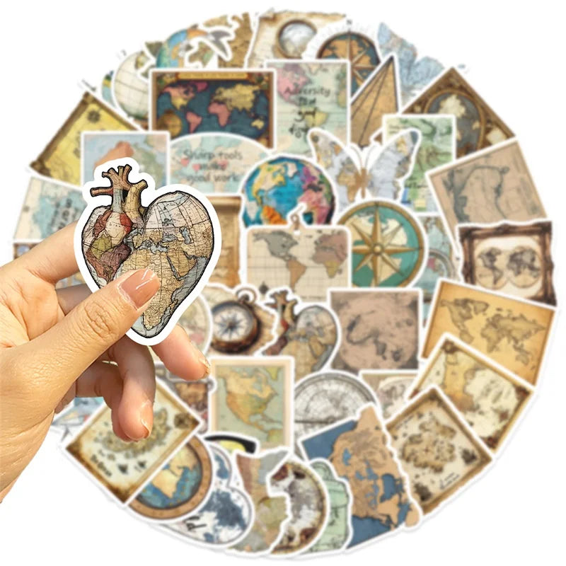10/30/50PCS Cartoon Vintage Map Sticky PVC Sticker Aesthetic Stationery DIY Decoration Scrapbooking Children's Supplies