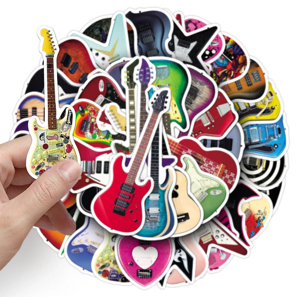50-Pack Guitar Graffiti Stickers Cartoon Musical Instrument Decorations for Water Bottles Luggage Helmets Stationery Notebooks