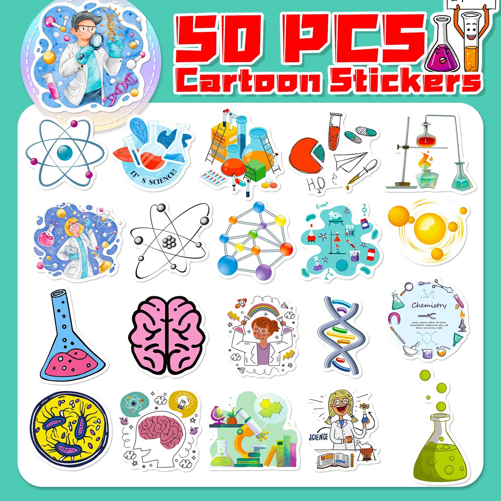 50/100PCS Scientific Chemistry Equipment Laboratory Cartoon DIY Computer Notebook Stationery Decorative Stickers