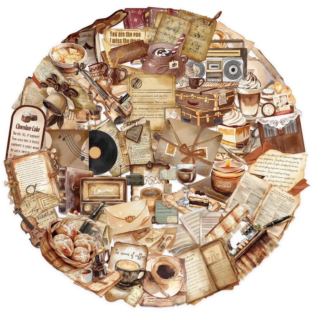 50/100PCS Transparent Retro Cafe Sticker Pack Waterproof Transparent PET Decorative Guitar Notebook Stationery Stickers