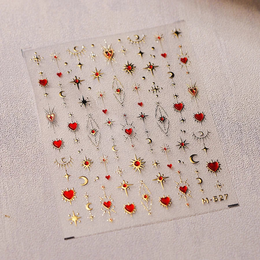 Totem Geometric Symbols Star Moon Nail Art Stickers 5D Gold-embossed Self Adhesive Nails Sticker Luxury Red Gemstone Nail Decals