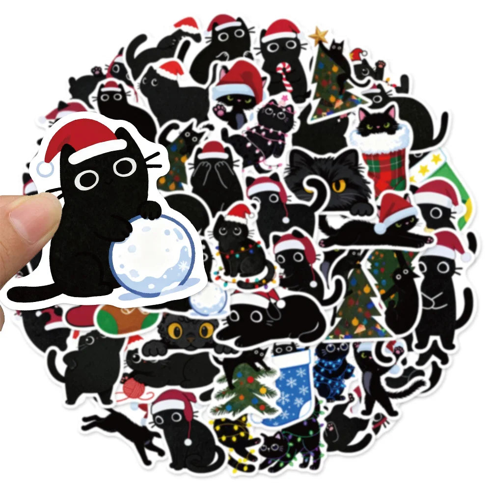 50PCS Cartoon Christmas Black Cat Reward Sticker Pack DIY Brochure Decorative Tablet Laptop Toy Stickers