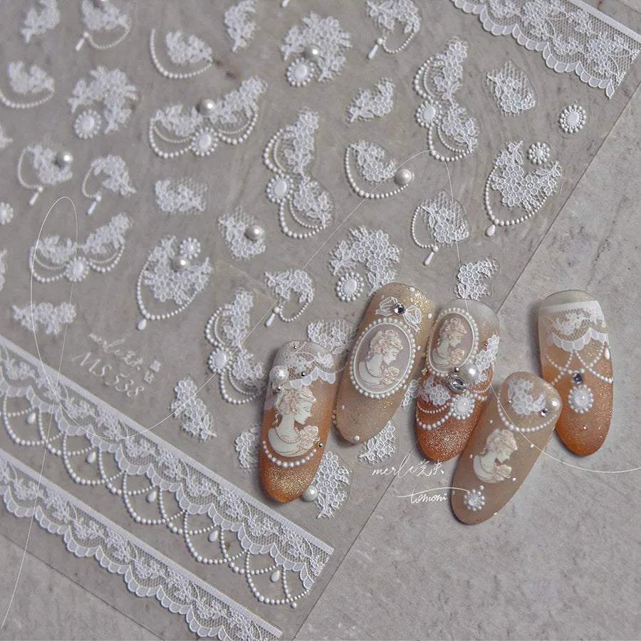 Fashion Lace Flower Charming Nail Stickers Luxury 5D Crystal Diamond Pearl Nail Art Stickers Self Adhesive Manicure Tools Decals