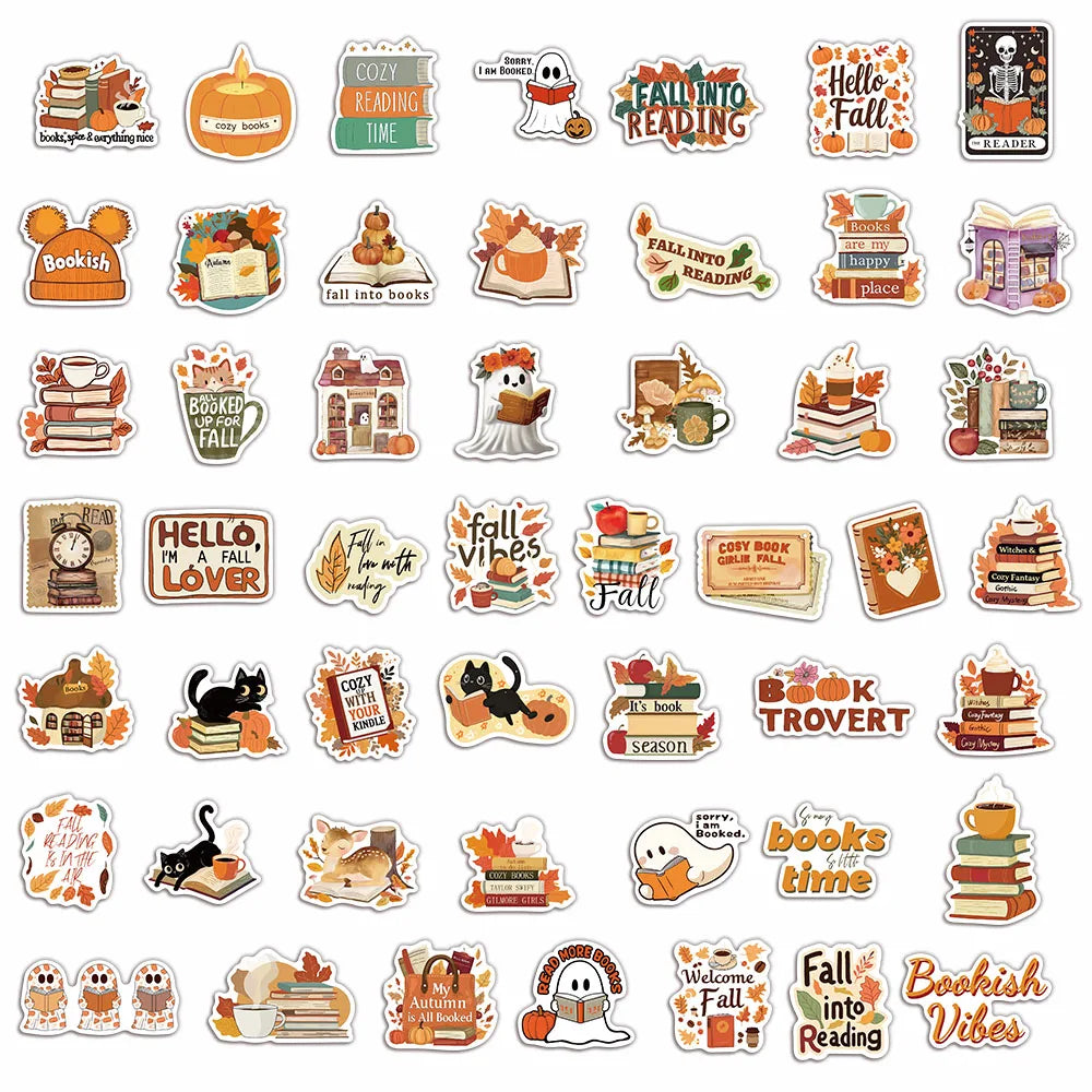 50PCS Book Scroll Autumn Graffiti Stickers Cartoon Cute Ghost Book Graffiti DIY Manual Tags Book Scroll Notebook Stickers