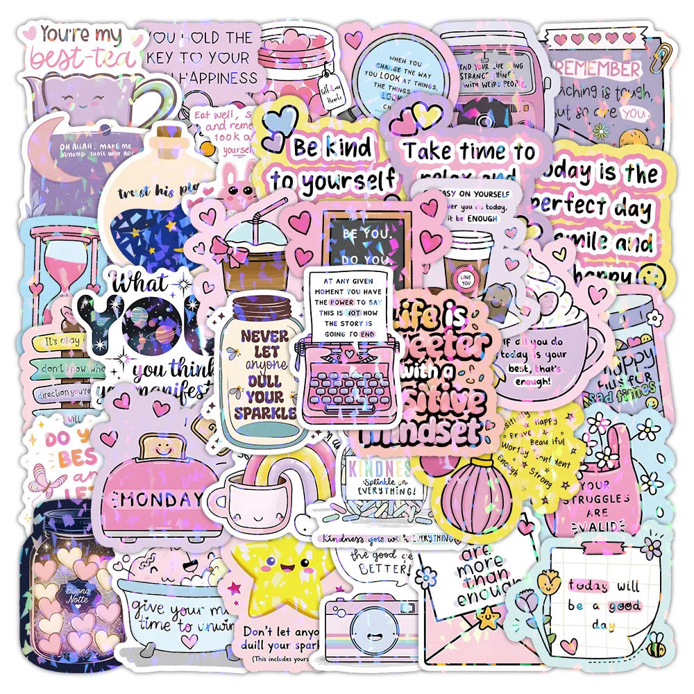 50-Pack Shiny Film Cartoon Motivational Quote Stickers for Student Supplies Notebook Luggage Fridge Car Waterproof Decals