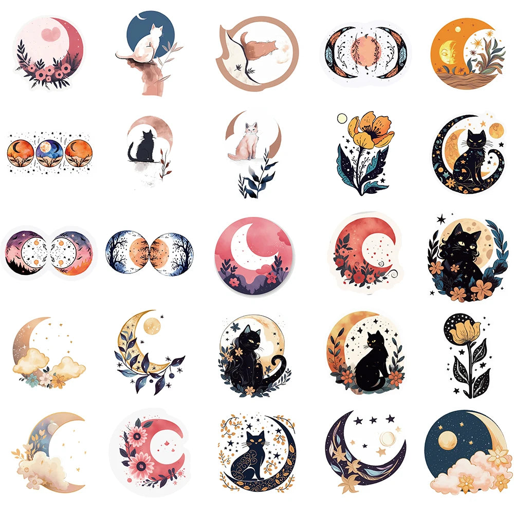 50PCS Moon Flower and Cat Stickers Laptop Phone Decoration Scrapbook Guitar Motorcycle Graffiti Luggage Waterproof DIY Sticker