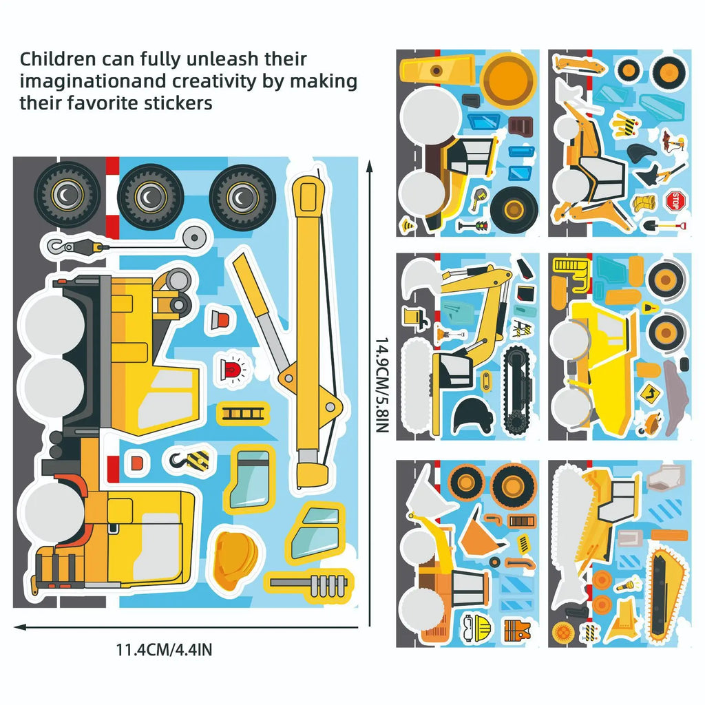 16PCS Cartoon Engineering Car Puzzle Stickers Luggage Make A Face Notebook Children Puzzle Stationery DIY Stic