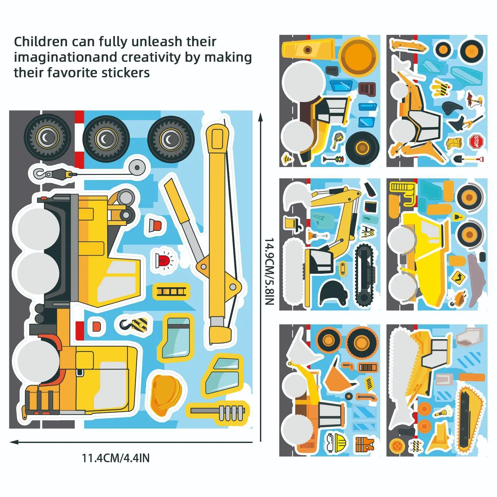 16PCS Cartoon Engineering Car Puzzle Stickers Luggage Make A Face Notebook Children Puzzle Stationery DIY Stic