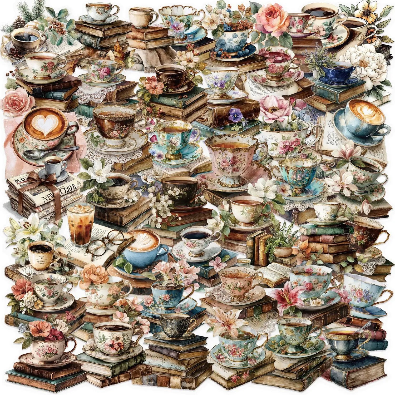 50/100Pcs Cartoon Coffee Book Theme Sticker Pack Waterproof Transparent PET Decor Decals Stationery Guitar Notebook Sticker