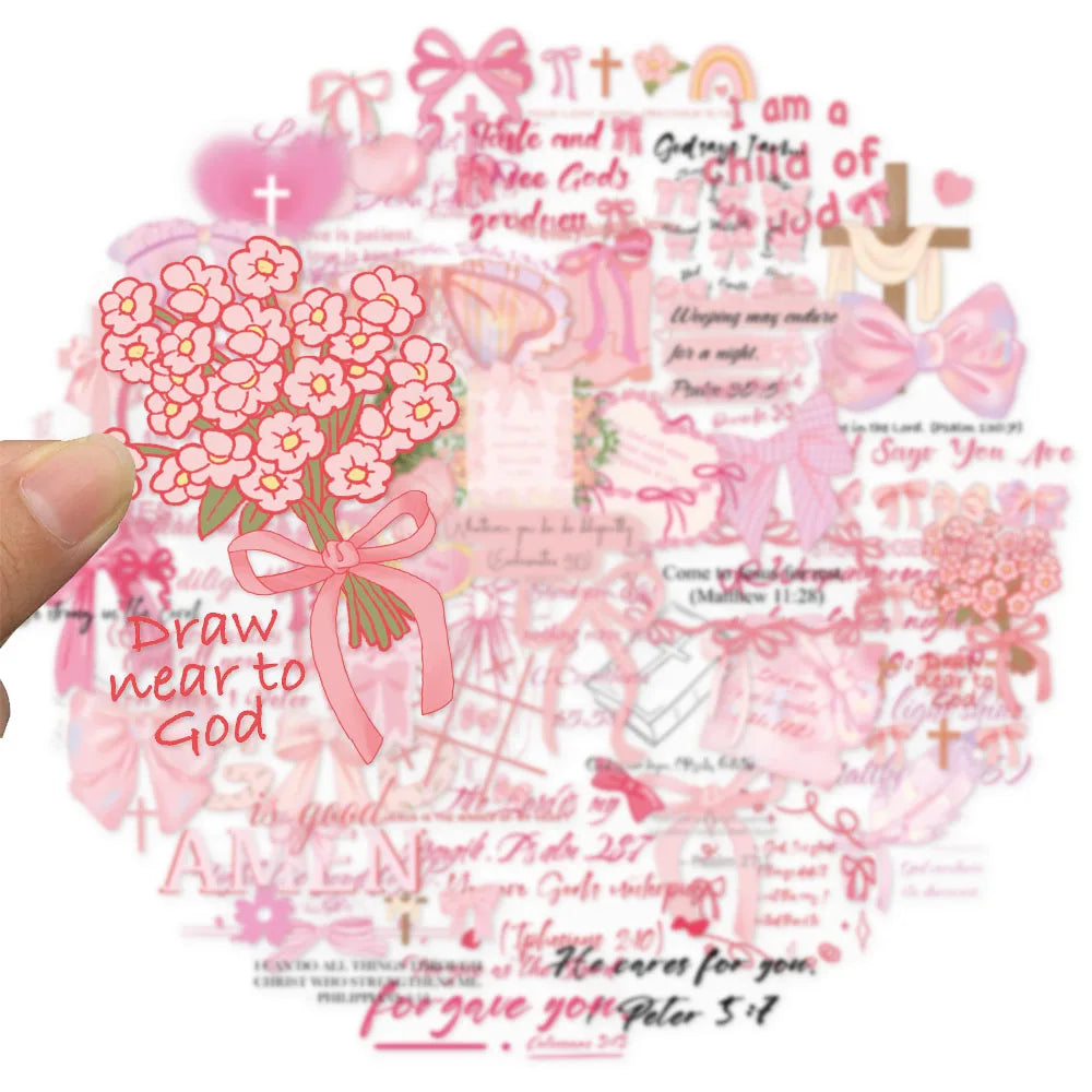 50PCS Pink Bow English Inspirational Series PET Stickers DIY Phone Case Laptop Tablet Toy Stickers