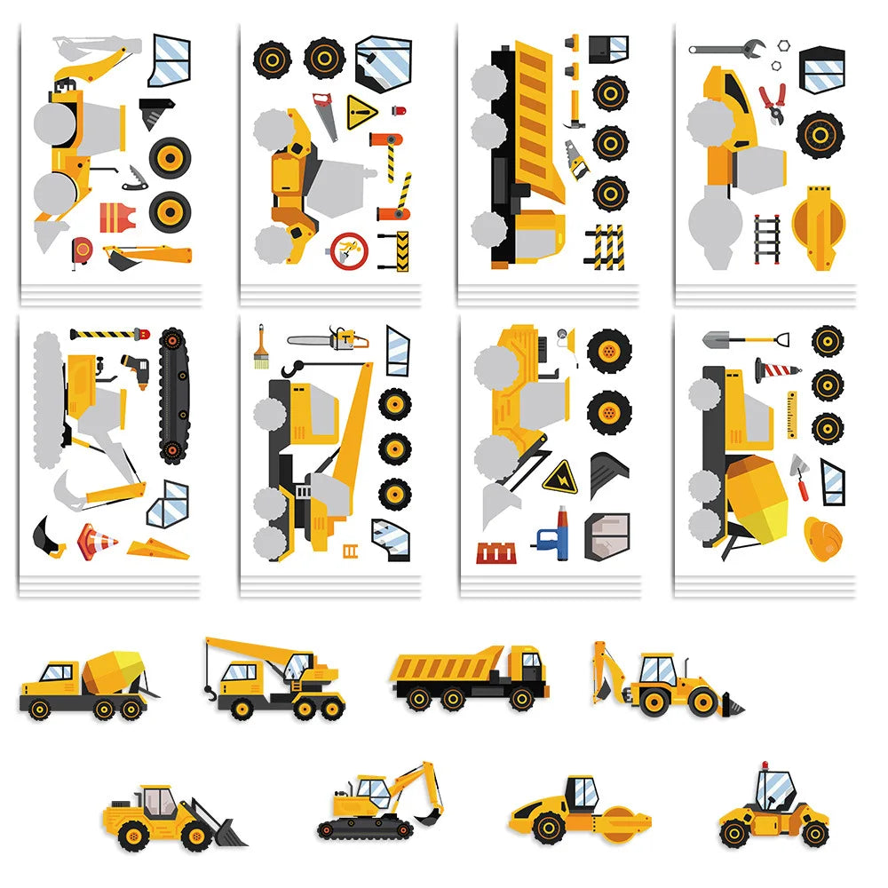 8 Pcs Cartoon Racing Cars, Engineering Cars Make a Face Stickers, DIY Handmade Account, Notebook Decoration Stickers