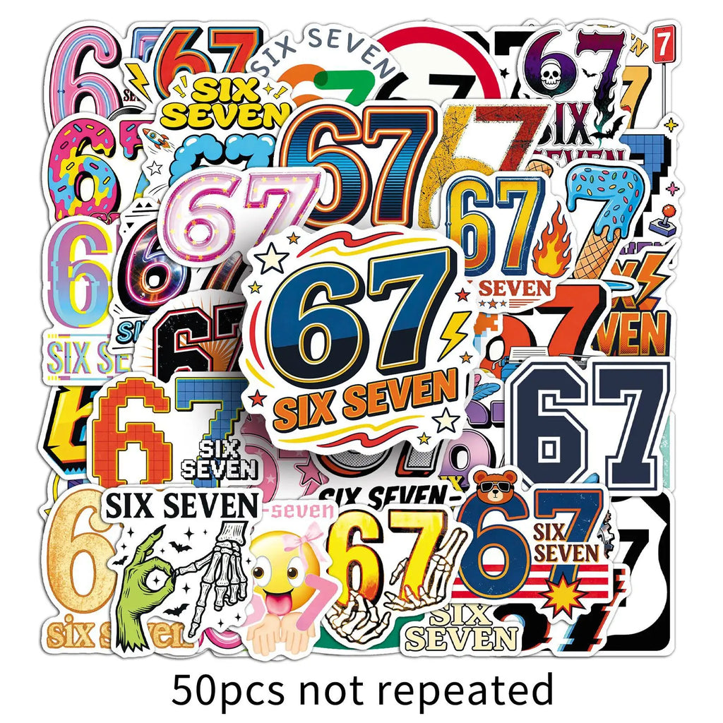 50PCS Cartoon Number 67 Stickers, Funny Meme Six Seven Student Stationery Notebook Waterproof Decorative Stickers