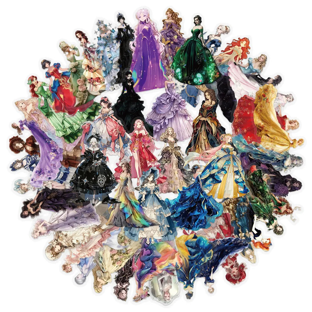 50-Pack Girl Dress Transparent Waterproof Stickers for DIY Mobile Phone Luggage Box Stationery Notebook Decoration