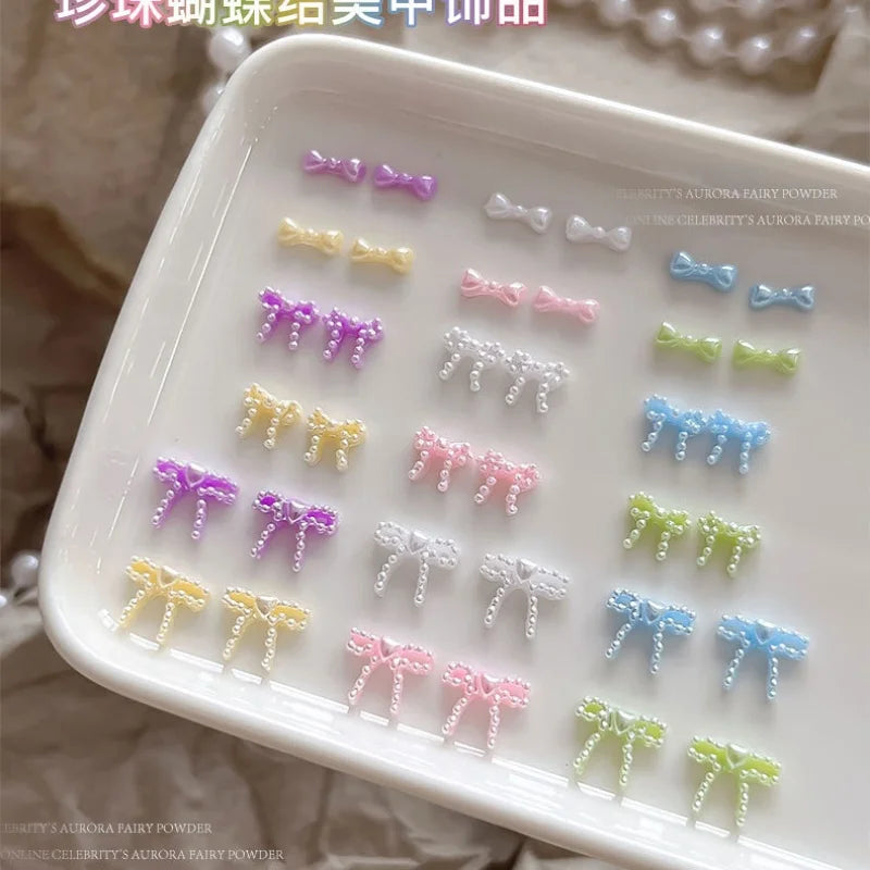 Pearlescent Bow Pearl Nail Art Accessories Mixed Colors Ribbon Bow ties Nail Charms Flatback Resin Nail Rhinestones Decorations