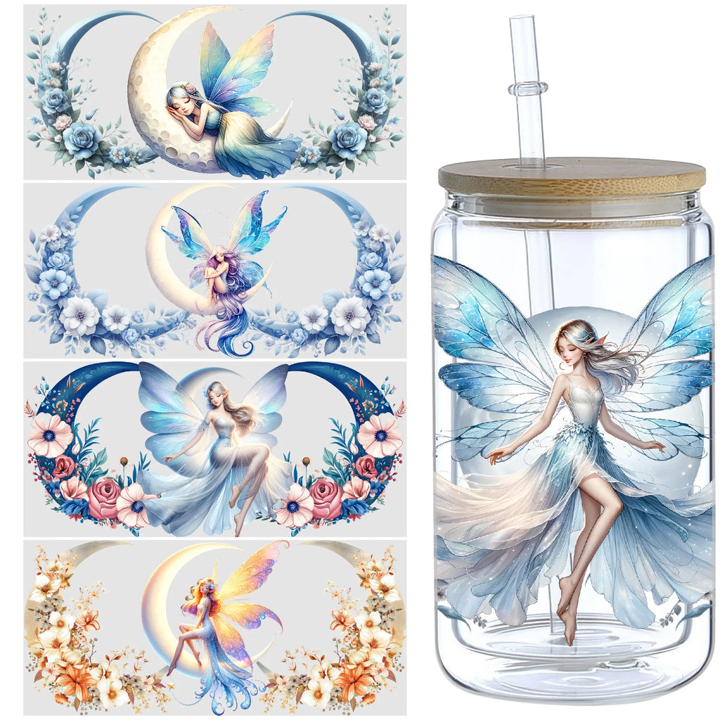5 Sheets Moon Fairy UV DTF Cup Stickers, Glass Cup DTF Transfer Stickers, Waterproof Wipeable Transfer Paper