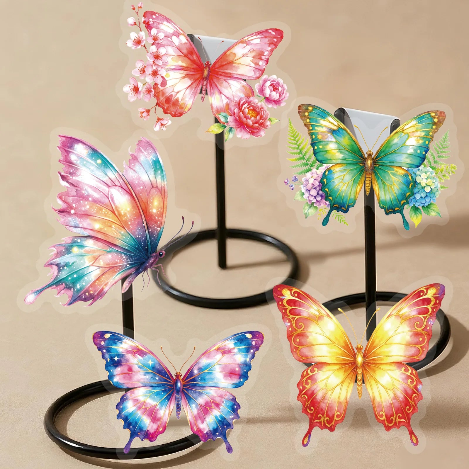 56PCS Watercolor Rainbow Butterfly PET Stickers, Dreamy Gradient Painted Insect Stationery Helmet Decorative Art Sticker