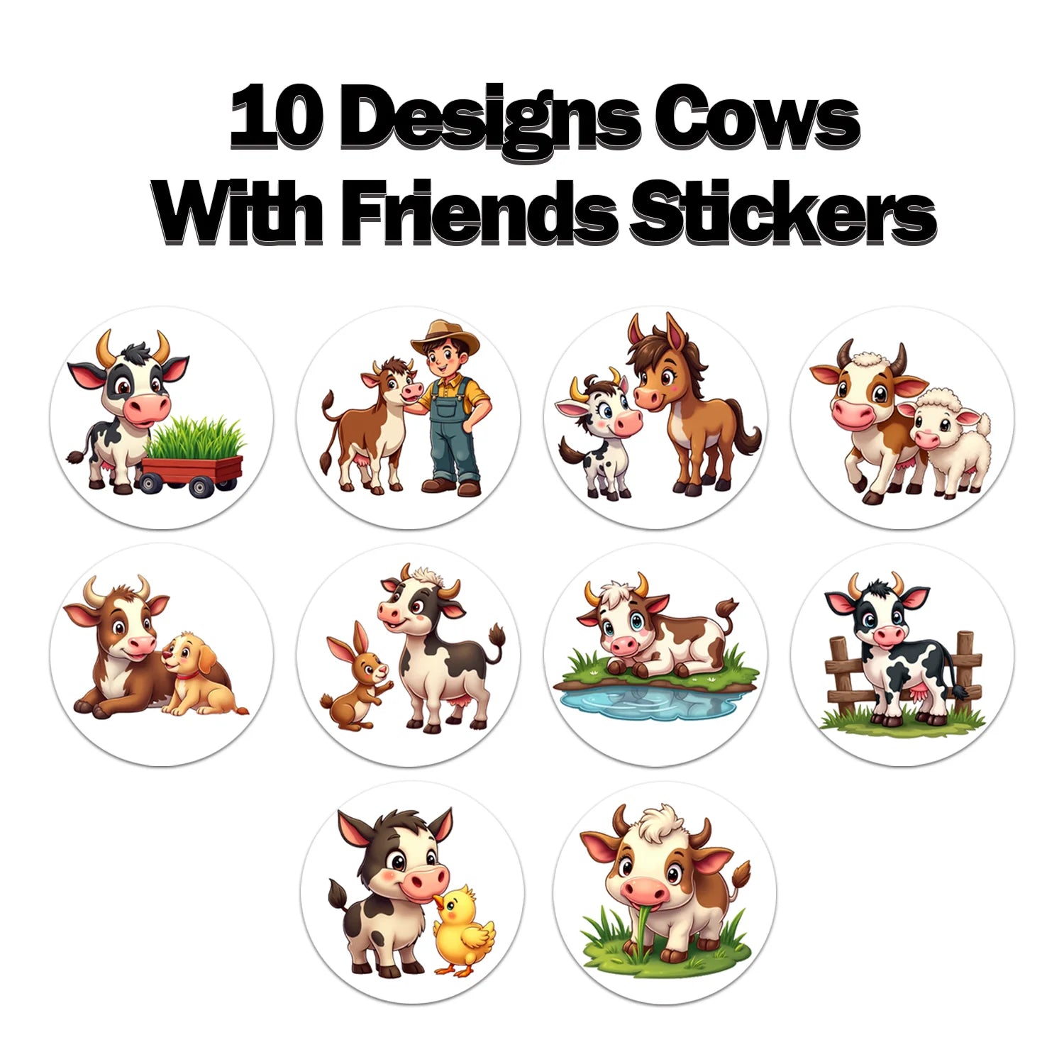 1Roll(500Pcs) Kawaii Little Cow and Farm Friends Stickers 2.5cm/1.0'' 10 Designs Decals Diy Adorn Gifts Package Sealing Labels