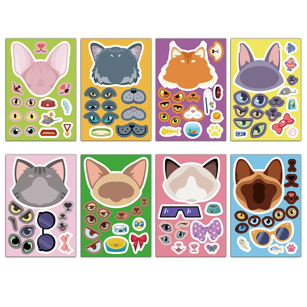 8PCS Cat Cartoon Face Changing Fun Puzzle Stickers DIY Handmade Clip Box Suitable for Tablet Speaker Puzzle Toy Stickers