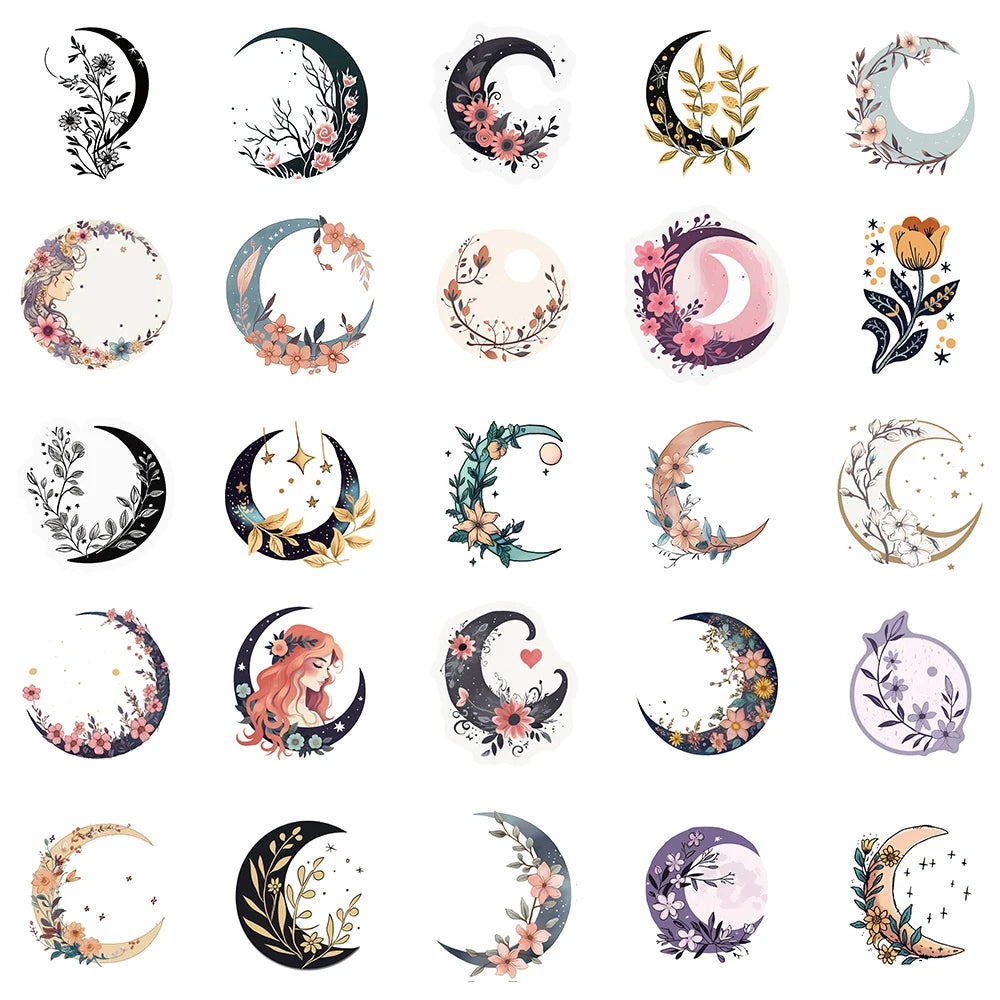 50PCS Moon Flower and Cat Stickers Laptop Phone Decoration Scrapbook Guitar Motorcycle Graffiti Luggage Waterproof DIY Sticker