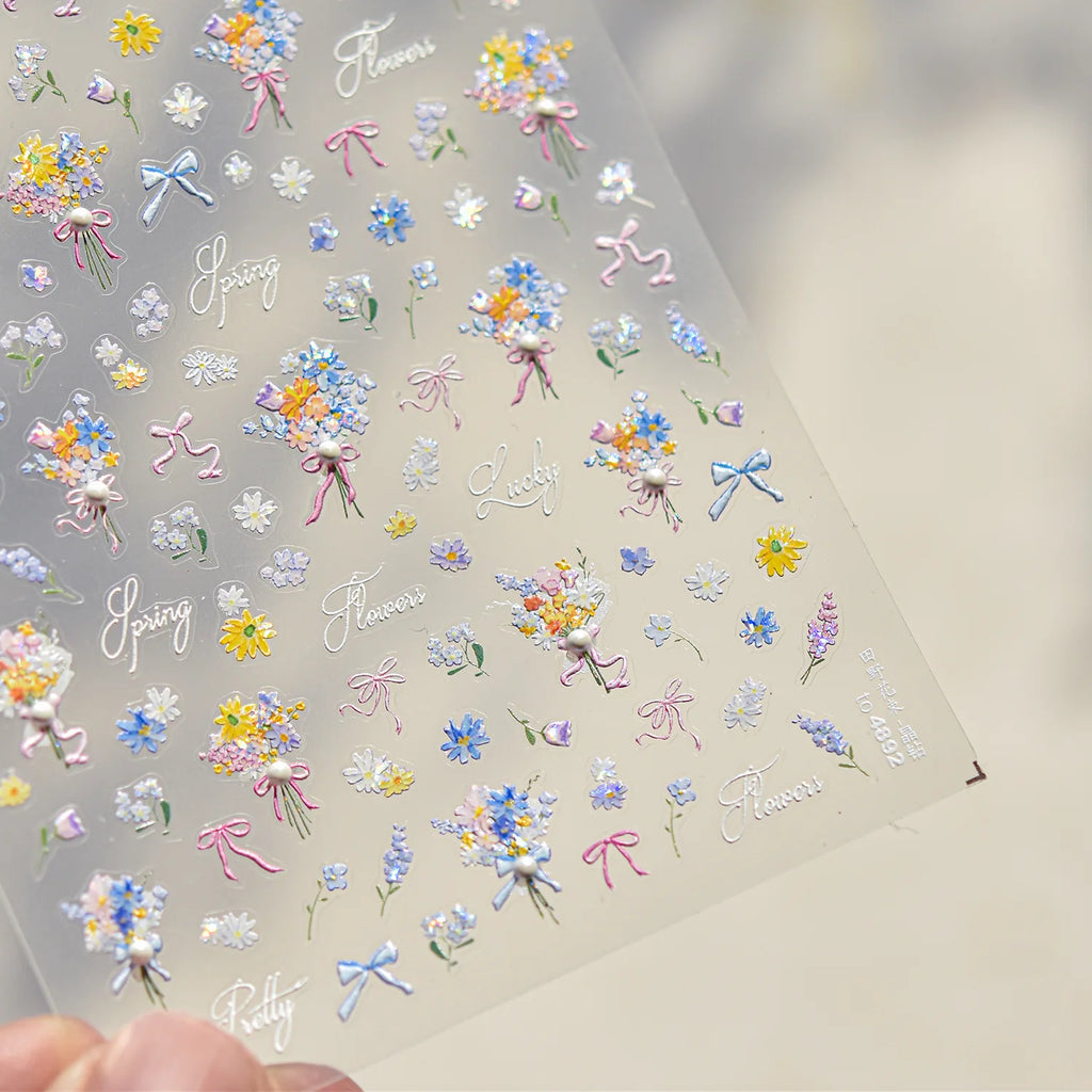 Colorful Daisy Frame Nail Decoration Stickers 5D Crystal Diamond Nail Art Stickers DIY Self Adhesive Bow Flowers Manicure Decals