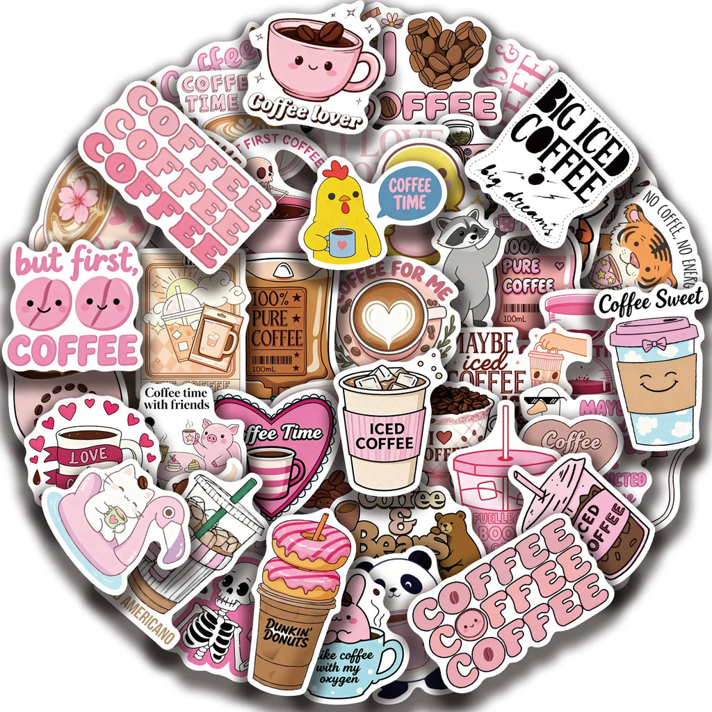 50/100PCS Funny Cartoon Coffee Stickers Waterproof Decoration Mobile Guitar Helmet Notebook Stationery Stickers