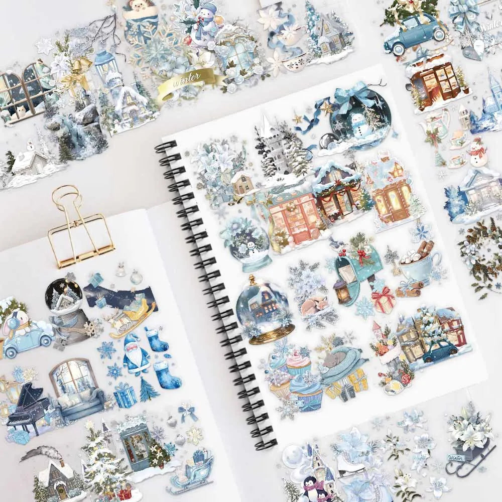 50-Pack Winter Watercolor Transparent PET Stickers for Journal Phone Case Notebook DIY Waterproof Decoration