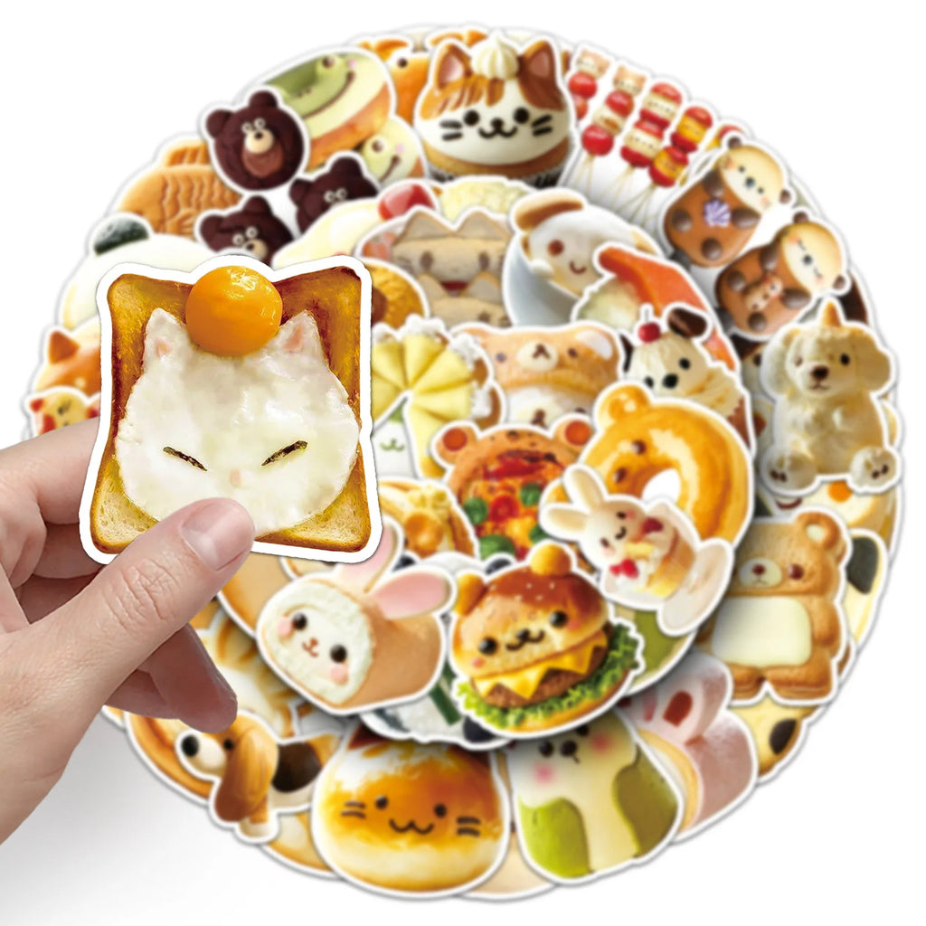 50PCS PACK Cartoon Bread Animal Stickers Cute Creative Waterproof Decorative Refrigerator Water Cup Notebook Luggage Stickers